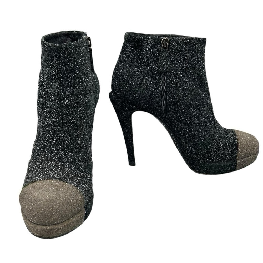 Chanel Glitter Suede CC Cap Toe Ankle Boots Black 40.5 Stiletto Heels - Picture 2 of 15